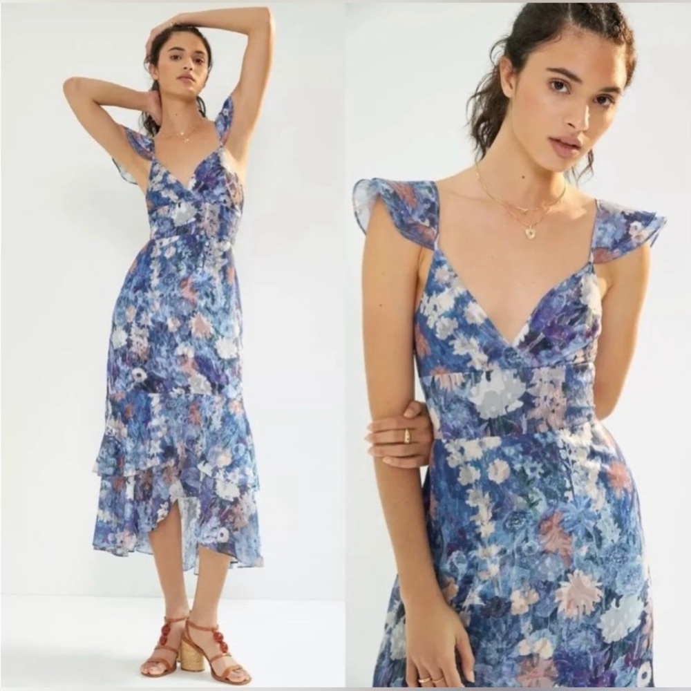 Anthropologie Hutch Tiered Ruffled Midi Dress Blue Floral Watercolor